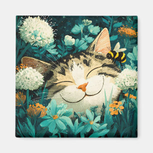 Aimant Jardin de fleurs de chat endormi à l'aquarelle abe