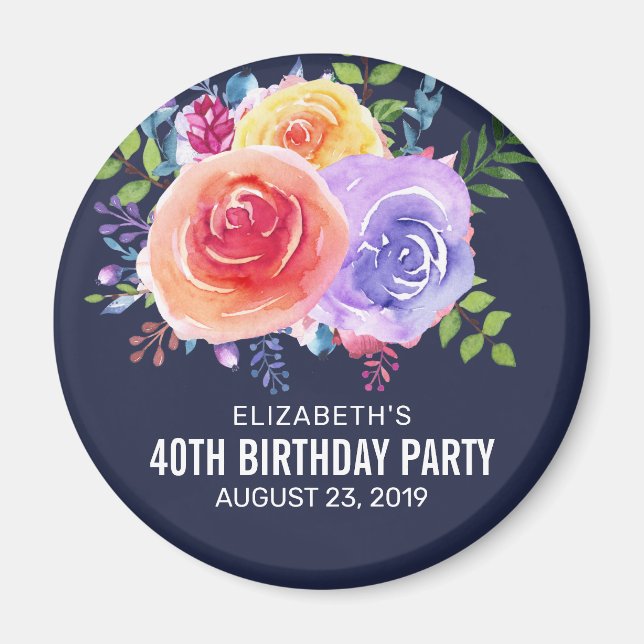 Aimant Jardin de roses à l'aquarelle pour un anniversaire (Devant)