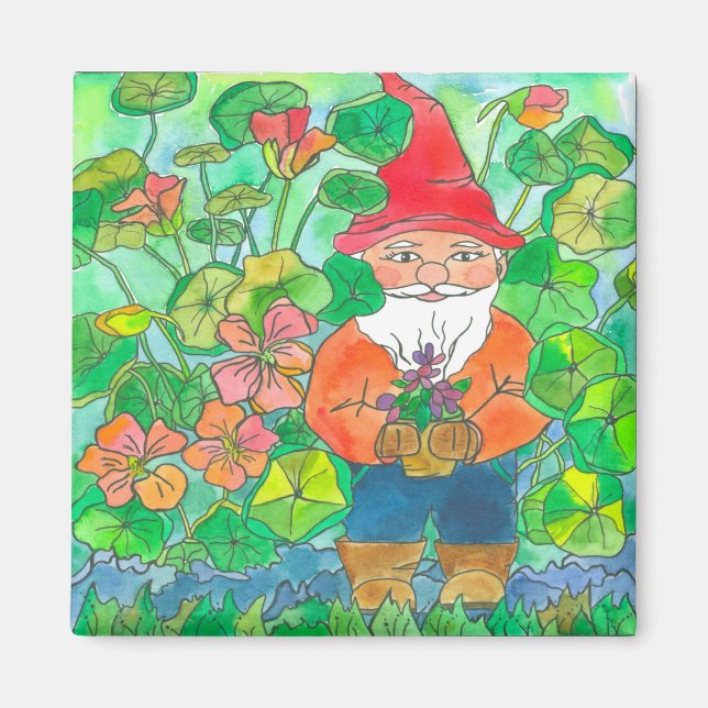 Aimant Jardin Gnome Aquarelle Fleurs (Devant)