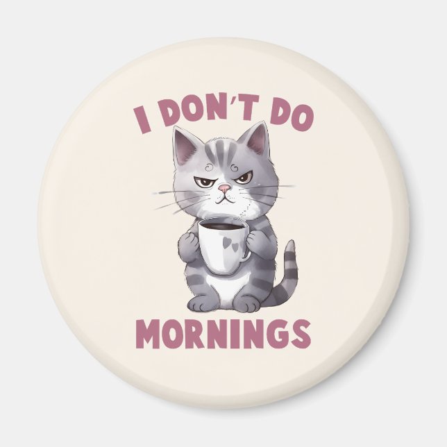Aimant Je ne fais pas le matin - Chat gris avec café (Devant)