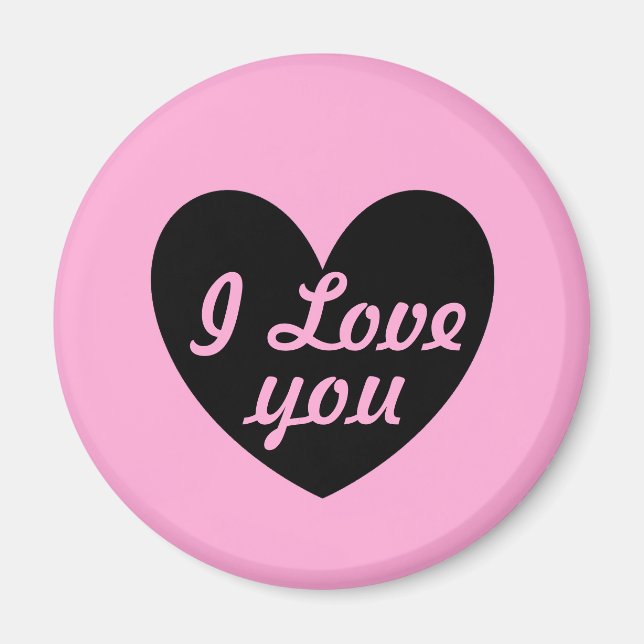 Aimant "Je t'aime" Coeur noir sur coton bonbon rose (Devant)
