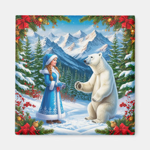 Aimant Jeune fille de neige avec décoration festive et ou