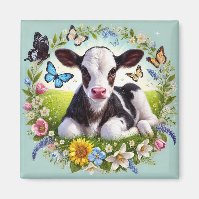 Aimant Jeune veau avec couronne de fleurs et papillons (Devant)