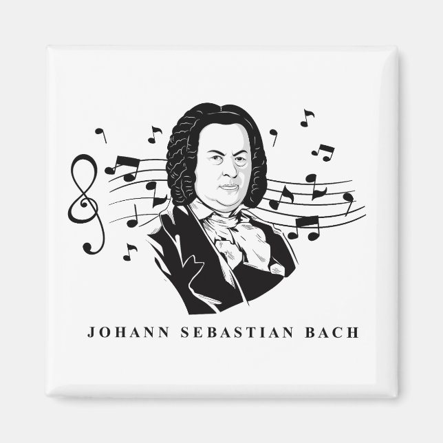 Aimant Johann Sebastian Bach Portrait et buste avec notes (Devant)