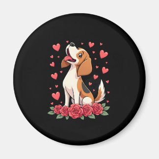 Aimant Joli Beagle avec cœurs de roses rouges floraux pou