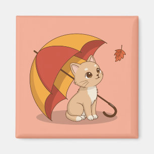 Aimant Joli Chat Chaton Rouge Jaune Parapluie Automne Ros