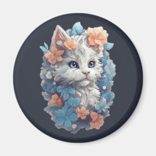 Aimant Joli Chat Féminin Floral Blanc