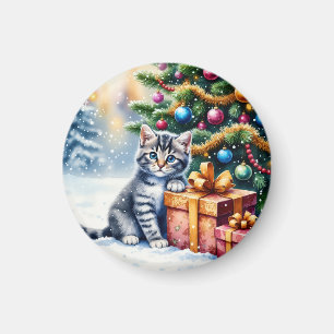 Aimant Joli Chaton Sous l'Arbre de Noël