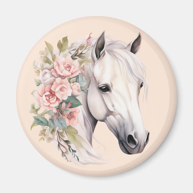 Aimant Joli Cheval Blanc Fleurs Roses Élégant Whimsical (Devant)