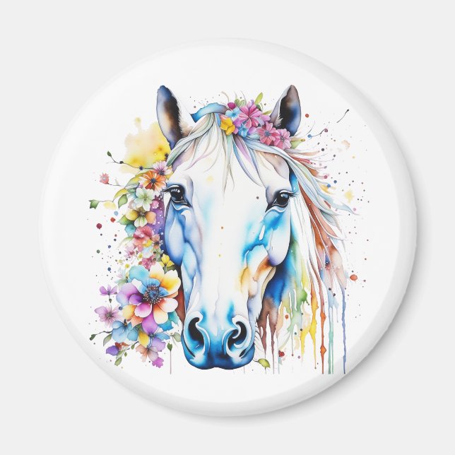 Aimant Joli Cheval Blanc Floral Personnalisé (Devant)