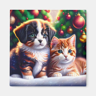 Aimant Joli chiot et chat sous l'arbre de Noël