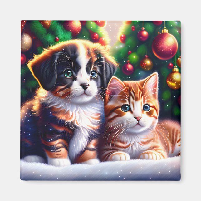 Aimant Joli chiot et chat sous l'arbre de Noël (Devant)