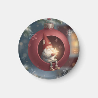 Aimant Joli gnome à l'intérieur d'un ornement de Noël rou