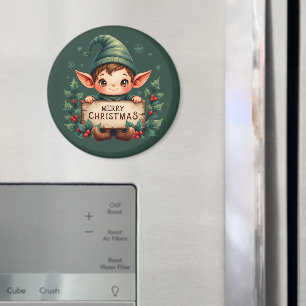 Aimant Joli Lutin de Noël Tenant un Panneau Joyeux Vert