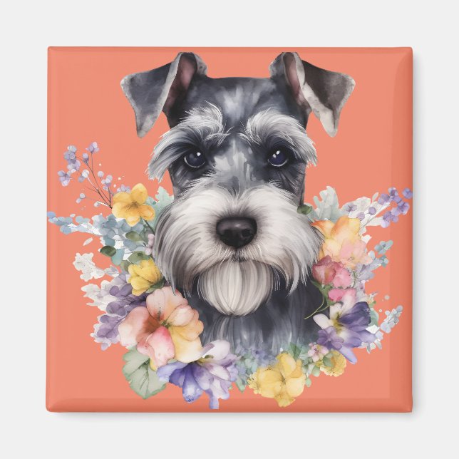 Aimant Joli portrait de schnauzer avec des fleurs  (Devant)
