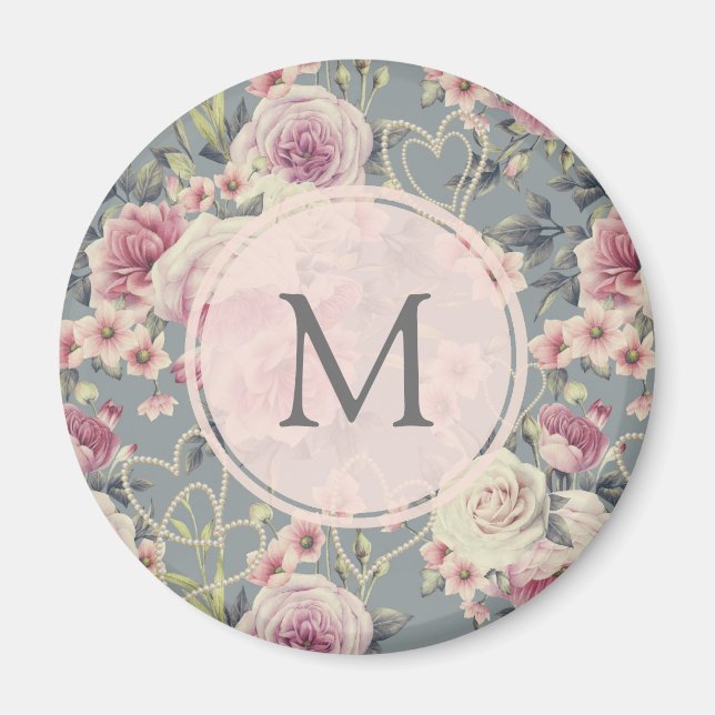 Aimant Joli rose floral et perles Monogramme fille (Devant)