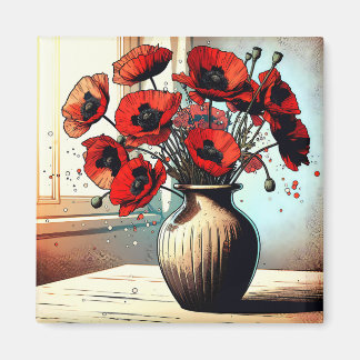 Aimant Joli Vase de Red Poppies ai art
