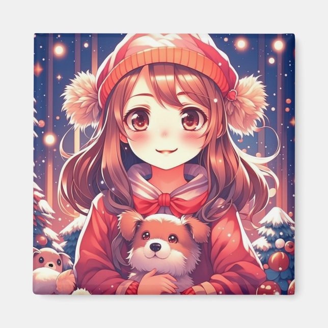 Aimant Jolie fille Anime avec chiot et bouffées d'oreille (Devant)