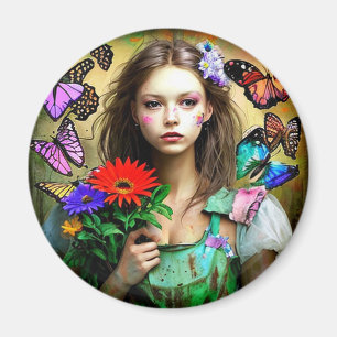 Aimant Jolie Fille avec Fleurs Rouges et Papillons