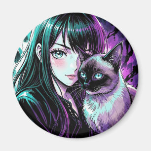 Aimant Jolie Fille d'Anime et Chat Siamois