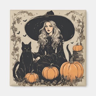 Aimant Jolie sorcière d'Halloween Vintage avec chat noir