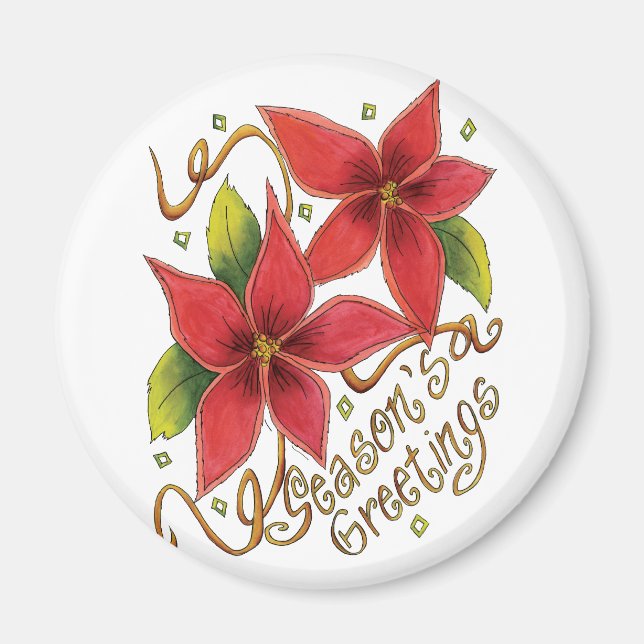 Aimant Jolies Bonnes Fêtes de Noël avec Poinsettias (Devant)