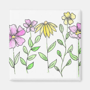 Aimant Jolies fleurs aquarelles roses et jaunes
