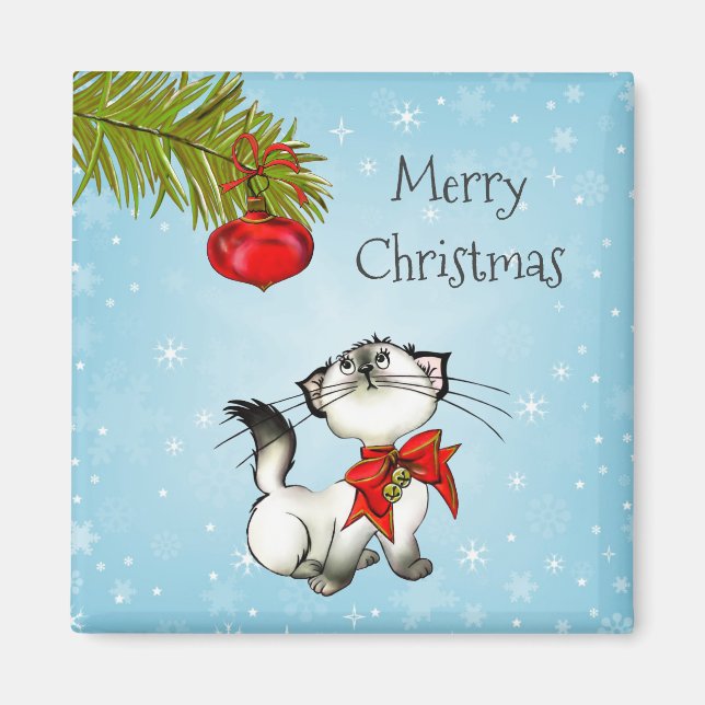 Aimant Jouer Kitty de Noël avec Bow rouge (Devant)