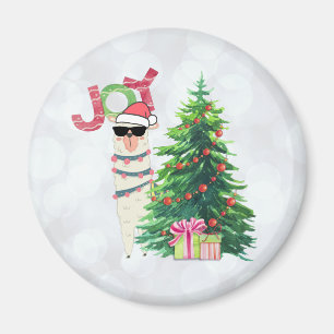 Aimant Joy Typography Llama de Noël derrière un arbre