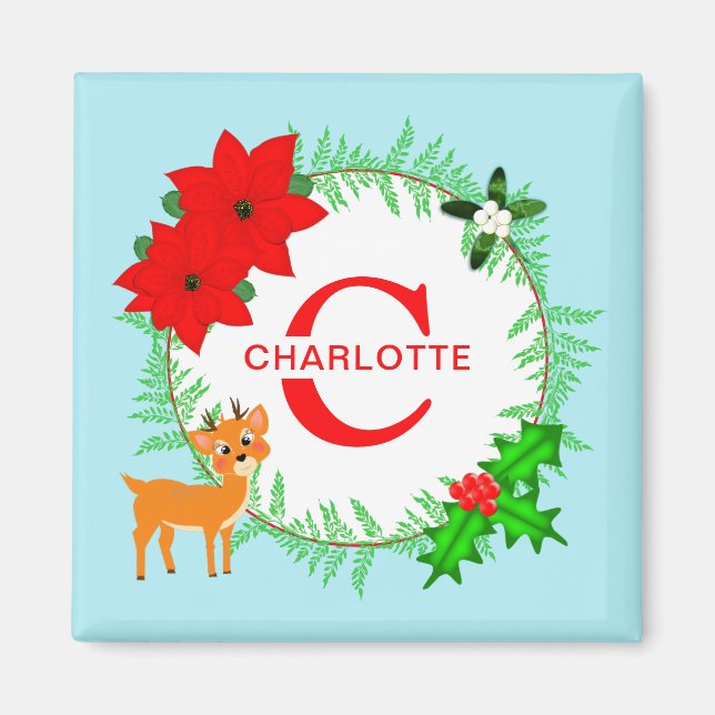 Aimant Joyeuse couronne de Noël Personnalisé Monogramme (Devant)