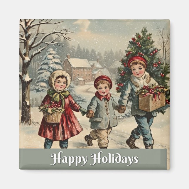 Aimant Joyeuses fêtes, illustration vintage, (Devant)