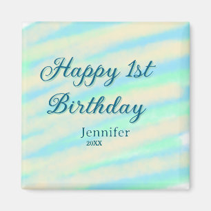 Aimant Joyeux 1er anniversaire enfants bébé bleu vert pas