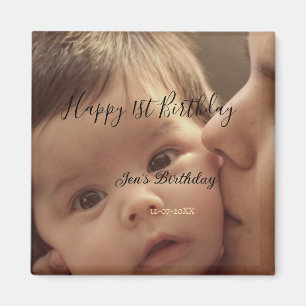 Aimant Joyeux 1er anniversaire nom photo date calligr sty