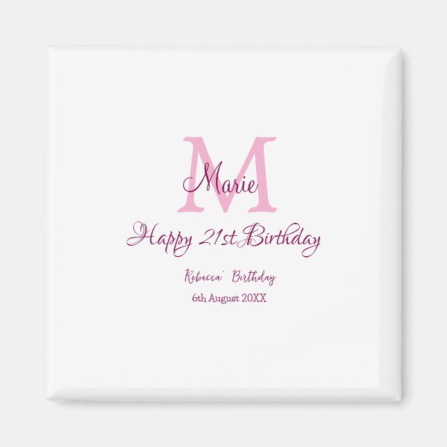 Aimant Joyeux 21e Anniversaire rose ajouter nom monogramm (Devant)