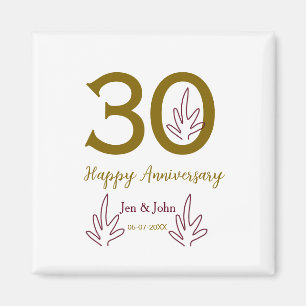 Aimant Joyeux 30e anniversaire nom date feuille rouge dor