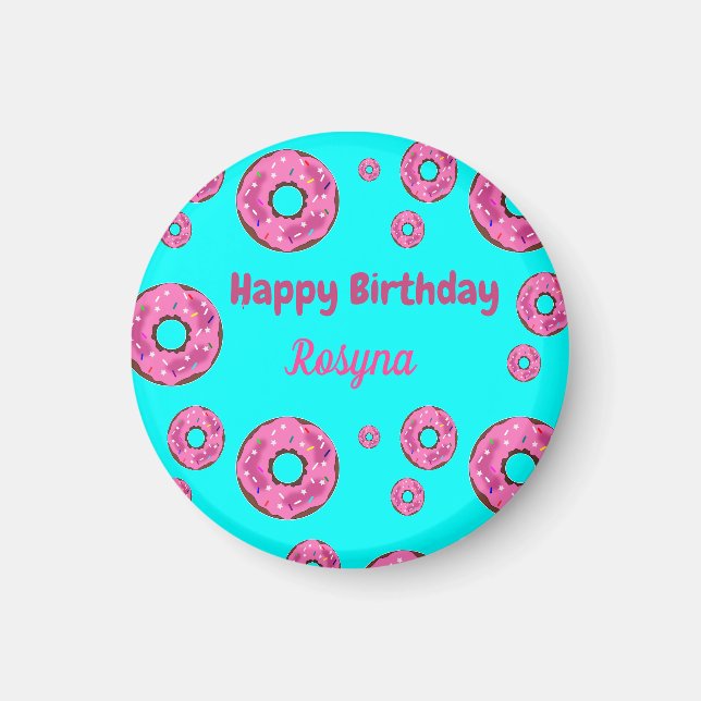 Aimant Joyeux anniversaire crème rose beignets bleu (Devant)