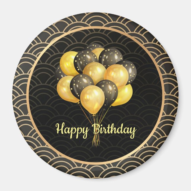 Aimant Joyeux anniversaire, élégant noir et or, (Devant)