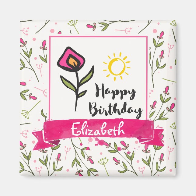 Aimant Joyeux anniversaire - Joli Fleurs sauvages et sole (Devant)