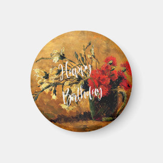 Aimant Joyeux anniversaire, Jug aux oeillets rouges et bl