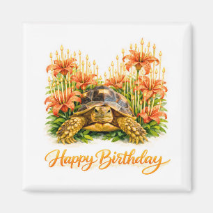 Aimant Joyeux Anniversaire Tortue Sulcata avec Lys Orange