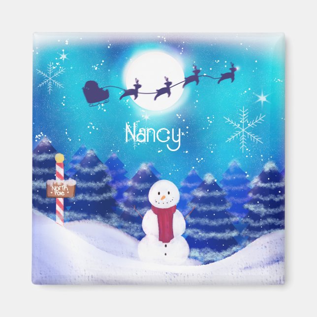 Aimant Joyeux bonhomme de neige de Noël personnalisé (Devant)