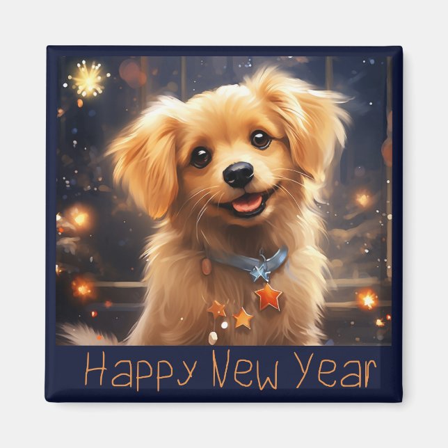 Aimant Joyeux Chiot d'or du Nouvel An (Devant)