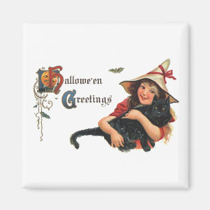 Aimant Joyeux Halloween vintage, enfant sorcière avec cha