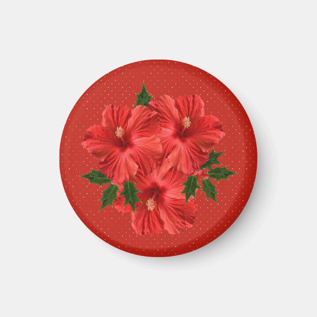 Aimant Joyeux Hibiscus de Noël Holly Vacances Rouge et Ve (Devant)