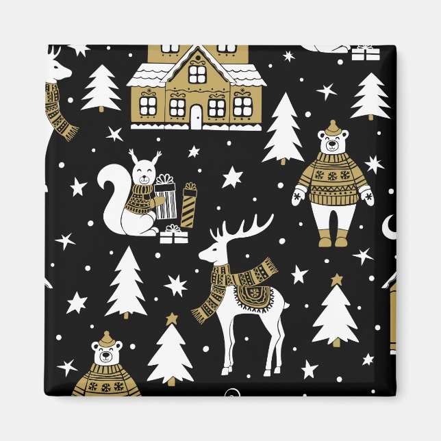 Aimant Joyeux jeu de flocons de Noël noir et blanc (Devant)