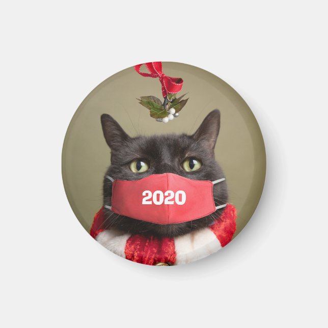 Aimant Joyeux Noël 2020 Chat en Masque Visage Covid (Devant)