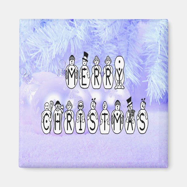 Aimant Joyeux Noël gens de neige Police, Blue Tint neige (Devant)