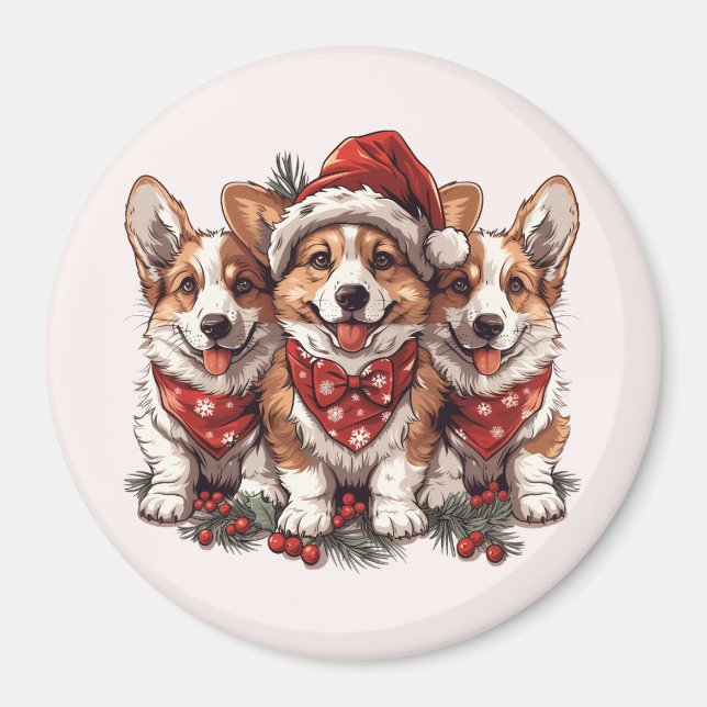 Aimant Joyeux Noël Pembroke Welsh Corgi Puppies (Devant)