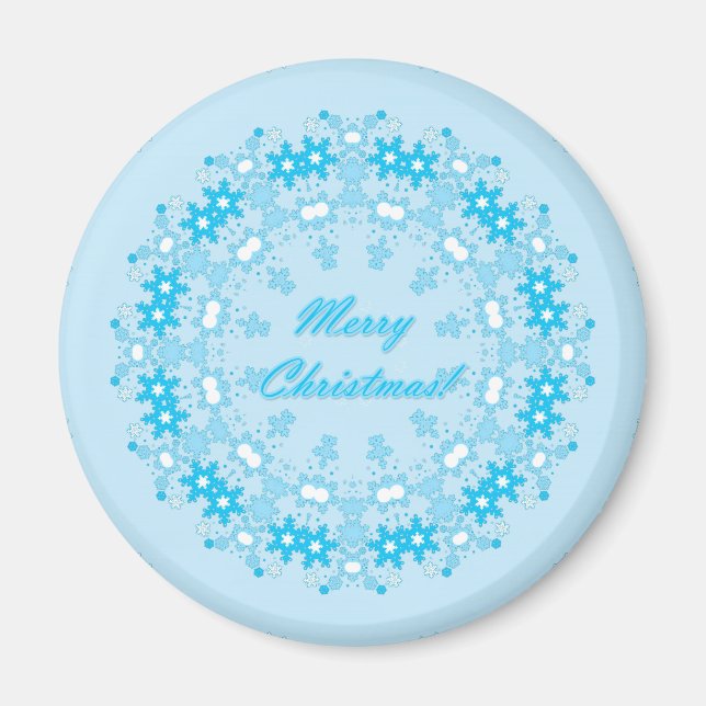 Aimant Joyeux Noël rond flocon de neige hiver blanc bleu (Devant)