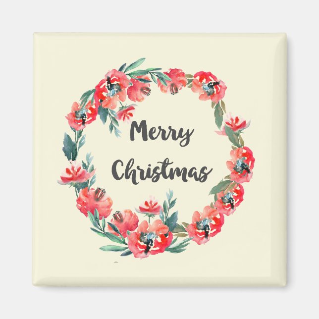 Aimant Joyeux Noël Rouge Floral Aquarelle Wreath (Devant)